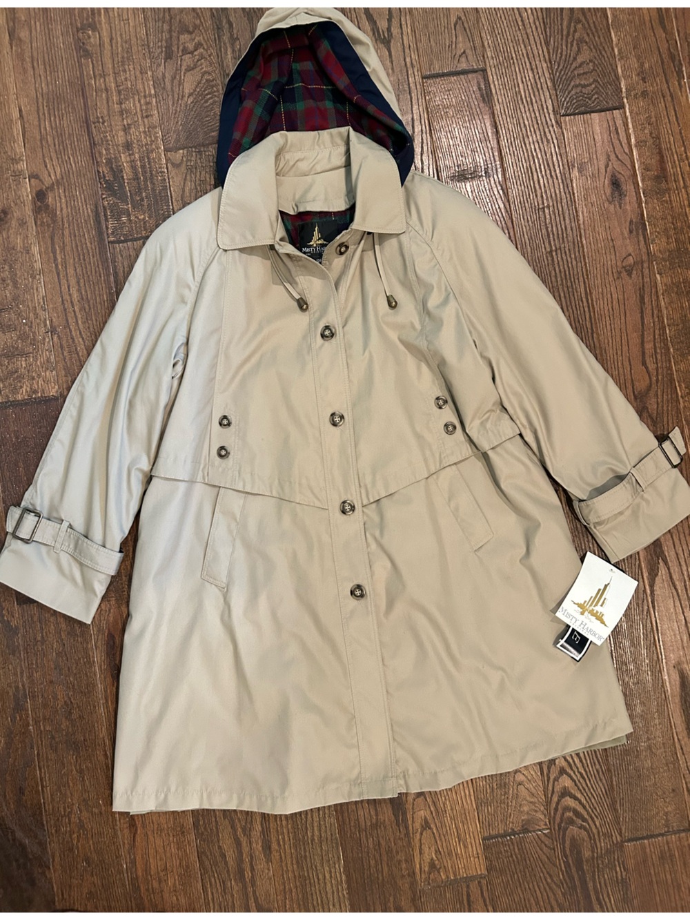 Misty Harbor Hooded Trench/Rain Coat British Tan 12P NWT Plaid Lined